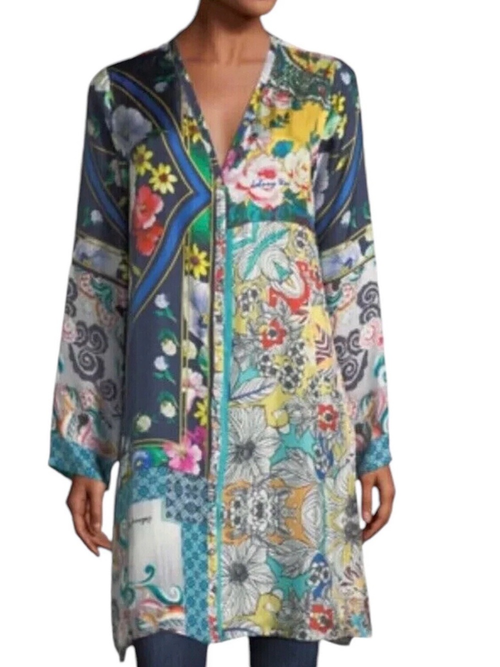 Johnny Was NWT 100% Silk Patchwork Floral Tunic Dress Cardigan Kimono PXS